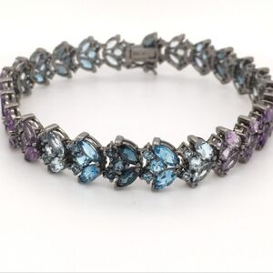 Amethyst & Blue Topaz Ombre Floral Bracelet 925 Sterling w/Black Rhodium 8.25"